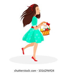 the girl is wearing a dress. the girl with the ribbon in her hair. she carries a basket of Easter eggs. vector illustration