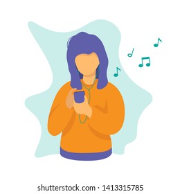 Girl wearing earphones, headphones, listening to music. Flat vector illustration.