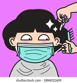 Girl Is Wearing A Face Mask To Cover Her Nose And Mouth While Getting Hair Cut To Minimize Transmission Of the Virus And To Be Safe During The Pandemic Concept Card Character illustration