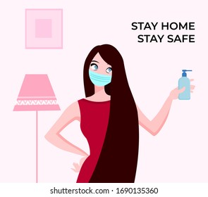 girl wearing face mask and showing sanitizer for preventing from corona virus or covid-19