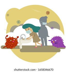 Girl wearing face mask washing hands to prevent virus infection, slimy virus characters creeping in from both sides, fight against coronavirus