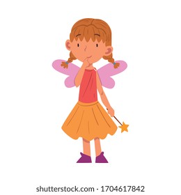 Girl Wearing Fairy Costume Standing with Magic Wand, Cute Kid Playing Dress Up Game Cartoon Vector Illustration