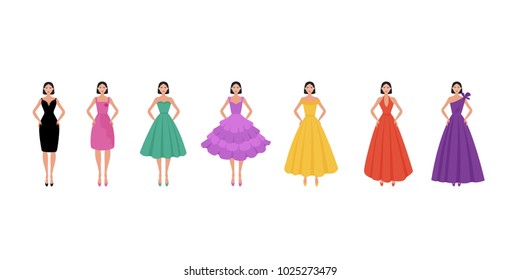Girl wearing fashionable evening cocktail dresses. Apparel fashion collection. Beautiful model in colorful clothing. Flat cartoon style. Vector illustration.