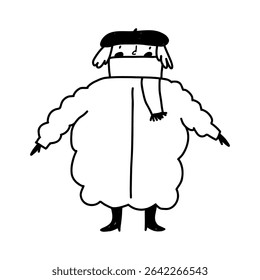Girl wearing funny big winter coat, cartoon doodle vector illustration isolated on white background. Hand drawn character outline drawing.