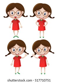 Girl wearing glasses in four actions illustration