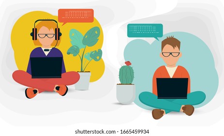 girl wearing glasses and headphones and a guy sitting in a Lotus position with a laptop and chatting, next to them flowers in pots, Flat Vector Illustration