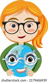 Girl wearing glasses holding earth planet cartoon illustration