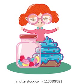 girl wearing glasses with muffin and candies inside bottle