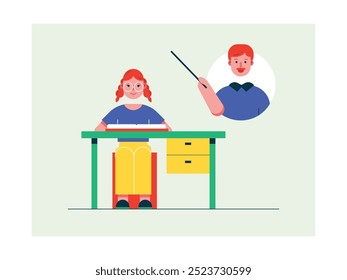 Girl wearing glasses studying with male teacher, homeschooling lesson. Character design. Vector flat illustration