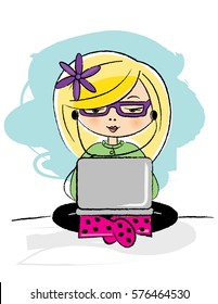 Girl wearing glasses working on laptop.