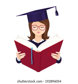 Girl wearing graduation hat reading book.. Vector illustration.