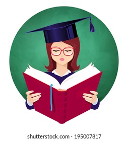 Girl wearing graduation hat reading book on chalkboard background. Vector illustration.