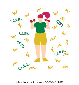 Girl wearing green and yellow sports uniform doing fitness exercise. Women in sportwear concept vector Illustration. Training, workout hand drown flat illustration with cartoon characters.