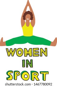 Girl wearing green and yellow sports uniform doing fitness exercise. Women in sportwear concept vector Illustration. Training, workout, yoga, zen hand drown flat illustration with cartoon characters. 