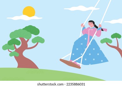 A girl wearing a hanbok is standing on a swing. Background with pine trees.