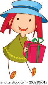 A girl wearing hat cartoon character in hand drawn doodle style illustration