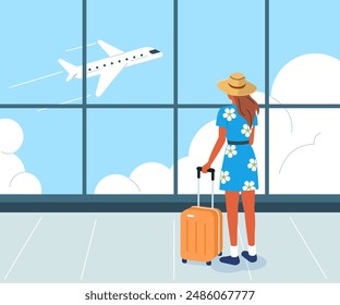 Chica con sombrero con equipaje esperando vuelo en la sala de salida del aeropuerto y mirando aviones voladores. Ilustración vectorial.