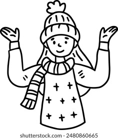 A girl wearing a hat and a sweater is smiling. She is holding her arms out to the side