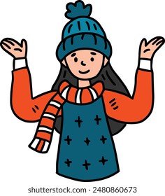 A girl wearing a hat and a sweater is smiling. She is holding her arms out to the side