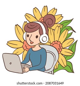 Girl wearing headphone working flower background vector graphic illustration