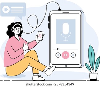 Girl wearing Headphones connected with Portable media player concept, Fine Tuning Audio Experience vector design Micro Podcast slice-of-life journalism scene Web television series banner vodcast stock