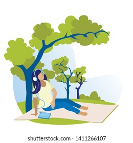 Girl Wearing Headphones Listening to Music Sitting Along on Throw Blanket under Tree in Park. Flat Cartoon Female Character Having Rest. Faceless Young Woman Relaxing on Nature. Vector Illustration