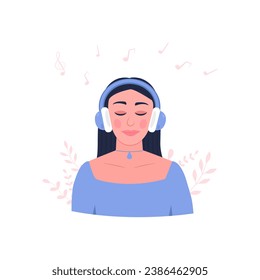 A girl wearing headphones listens to music. The concept of musical pastime, audio books, listening to audio, podcasts, studying with headphones. Vector illustration, eps 10.