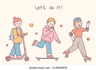 A girl wearing headphones and riding a scooter, a boy wearing a hoodie and looking at a cell phone and skateboarding, a girl wearing safety gear and roller skating.