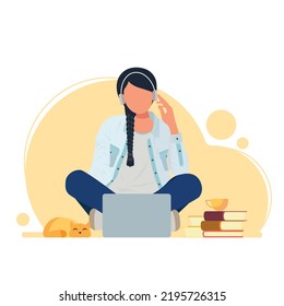 A girl wearing headphones sits in front of her laptop. Distance learning. Work at home. Vector illustration.