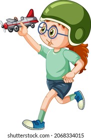 A girl wearing helmet playing airplane toy illustration