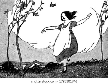 A Girl Wearing Her Apron, Dancing In Delight, Outside Among The Trees And Bushes, Vintage Line Drawing Or Engraving Illustration.