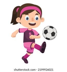 A Girl Wearing Her Jersey is Kicking a Ball During a Soccer Game. Kids Activities.