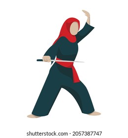 Ein Mädchen, das Hijab trägt und Silat macht, ein Kampfsport aus Indonesien. Weibliche Kämpfer, die eine Pose halten und eine lange Klinge halten.