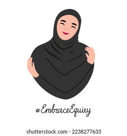 Girl wearing hijab hugs herself, women's day and activism concept embrace equity. Colorful vector illustration.
