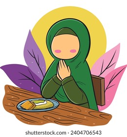 A girl wearing a hijab sits with her hands folded at a table, with plants in the background.