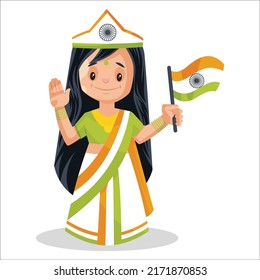 Girl wearing an Indian dress and holding the flag in hand. Vector graphic illustration. Individually on a white background.	