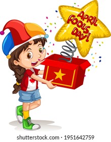 A girl wearing jester hat holding surprise box with April's fool day font illustration