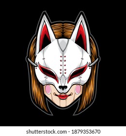 girl wearing kitsune mask vector