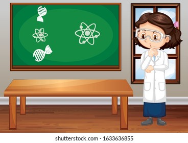 Girl wearing lab gown and goggles in the room illustration