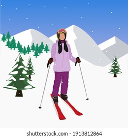 Girl wearing a lilac ski suit is skiing. Ski resort. Vector illustration