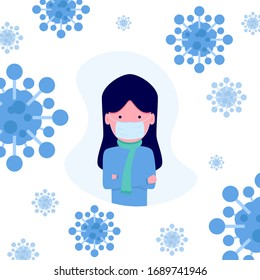 Girl wearing mask because fear about corona. COVID-19 (2019-nCoV). Virus Disease. People flat illustration.