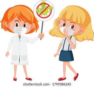 Girl wearing mask and doctor holding stop coronavirus sign illustration