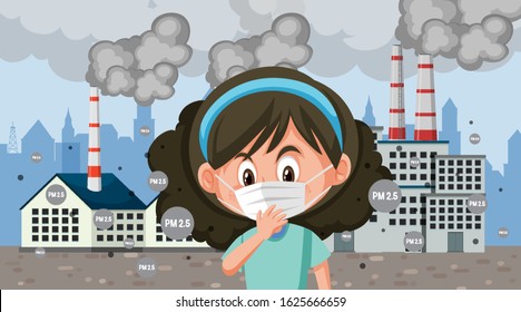 Girl wearing mask in front of the factory full of smoke illustration