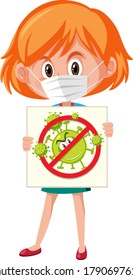 Girl wearing mask and holding stop coronavirus sign illustration