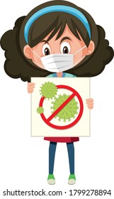 Girl wearing mask and holding stop coronavirus sign illustration