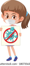 Girl wearing mask and holding stop coronavirus sign illustration