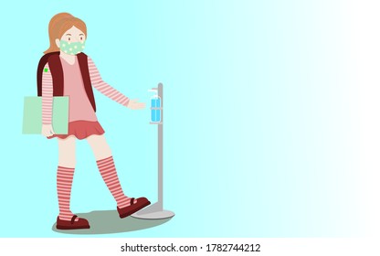 A girl wearing a mask Pressing alcohol By using a foot pedal for using alcohol without hands.