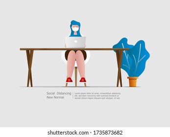 girl wearing mask reading news and working with laptop at home vector illustration cartoon flat design