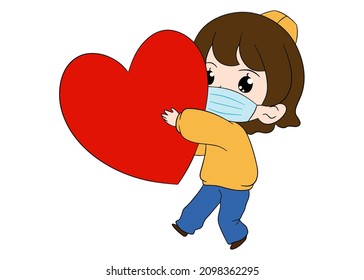 Girl wearing Mask and transfer Red Heart