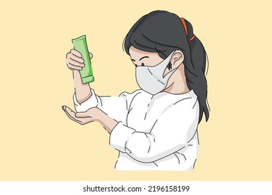 Girl wearing a mask using hand sanitizer. Prevent Coronavirus. Washing hands.